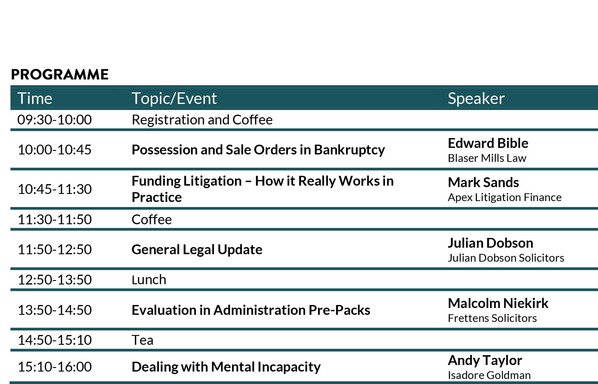 Topical Issues in Insolvency October Timetable