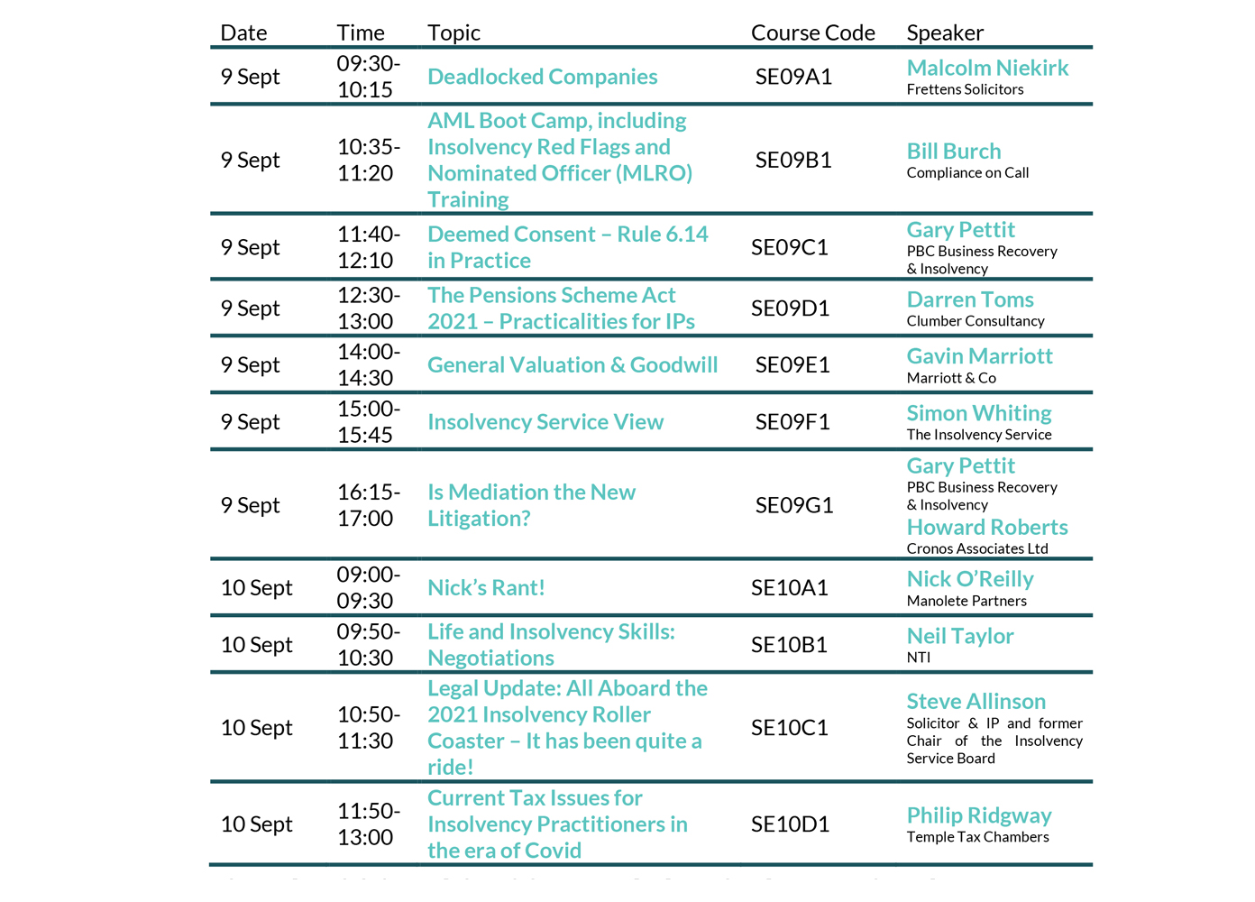 SESCA Insolvency Conference Live Online Series Timetable